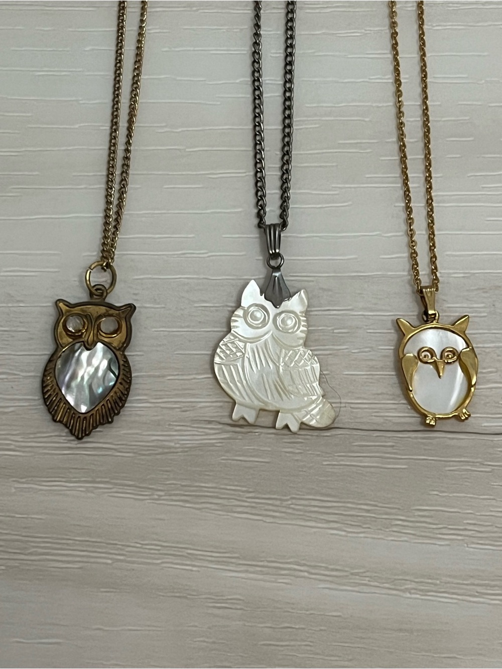 3 VTG Mother Of Pearl Carved Shell Owl Necklaces 16-18”